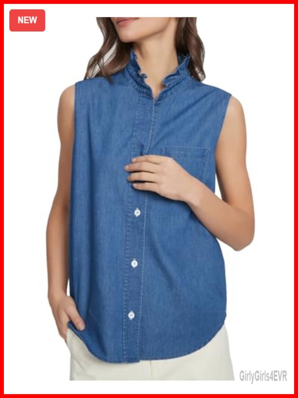 Sleeveless Chambray Denim Button Up Shirt Ruffle Collar Blouse